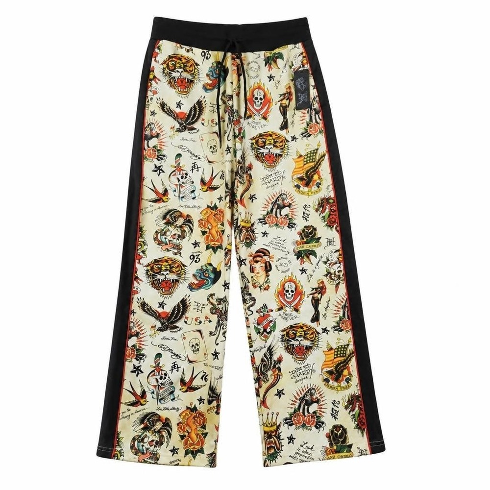Ed‎ Hardy Tattoo Print Pants Womens L Track Joggers Y2K Streetwear Grunge Skater